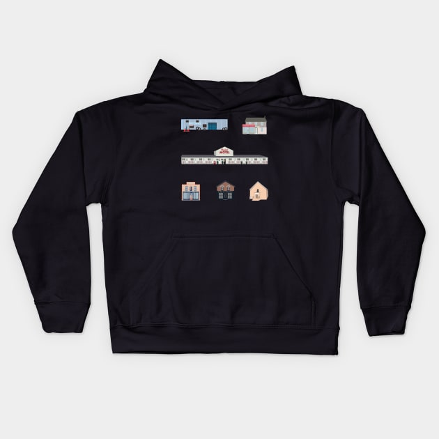 The Schitt's Creek Buildings, from the Rosebud Motel to Rose Apothecary Kids Hoodie by YourGoods